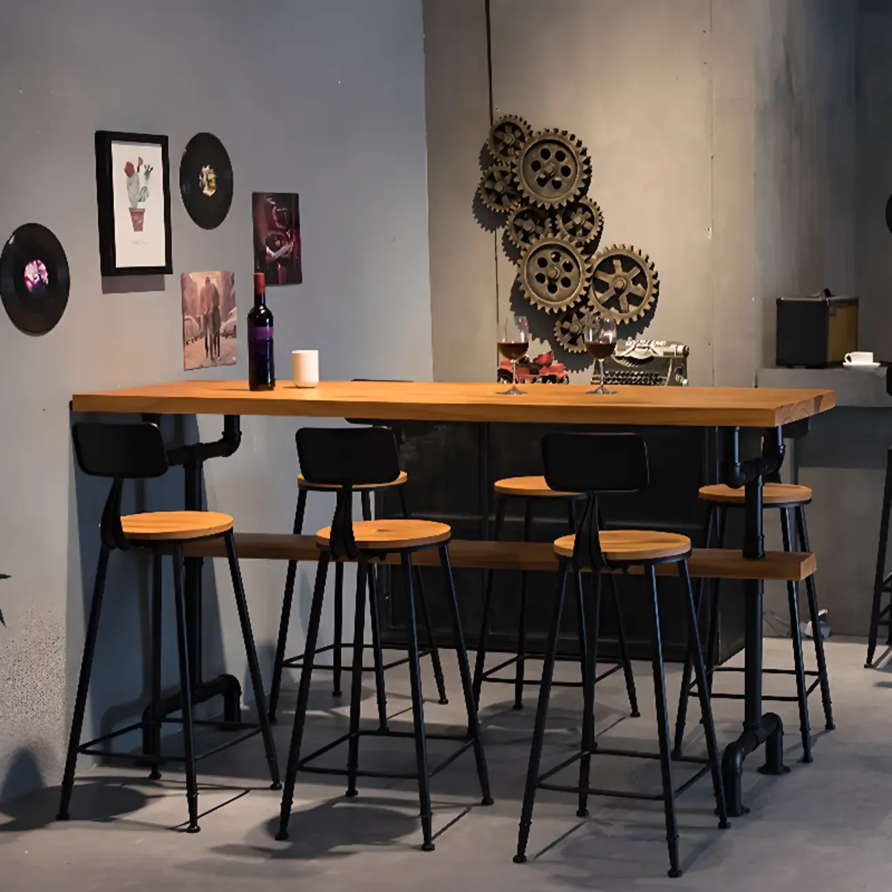 Industrial Brown Wooden Fixed Top Metal Leg Bar Tables