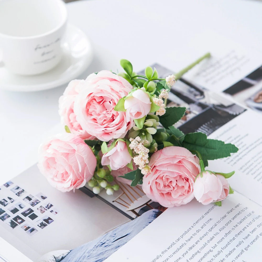 HULIANFU White Roses Artificial Flowers Silk Peonies Wedding Decorative Vases for Home Decor Bride Bouquet Foam Craft Gifts Fake Plants - Deanwangkt