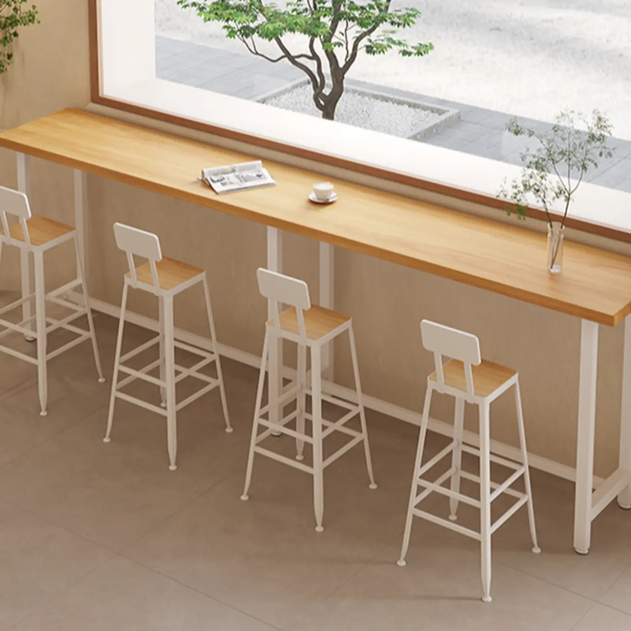 Natural Wooden Top Bar Table Metal Base with Footrest