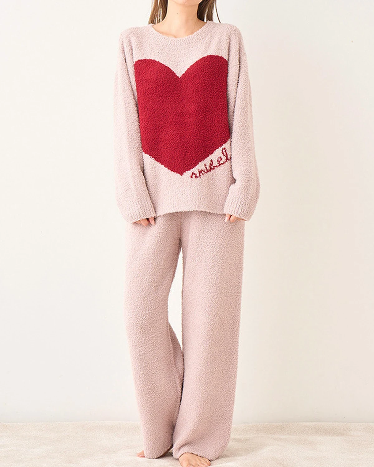 Fall/Winter soft plush half-fleece thermal loungewear set for women, sweet heart design outerwear-style pajamas