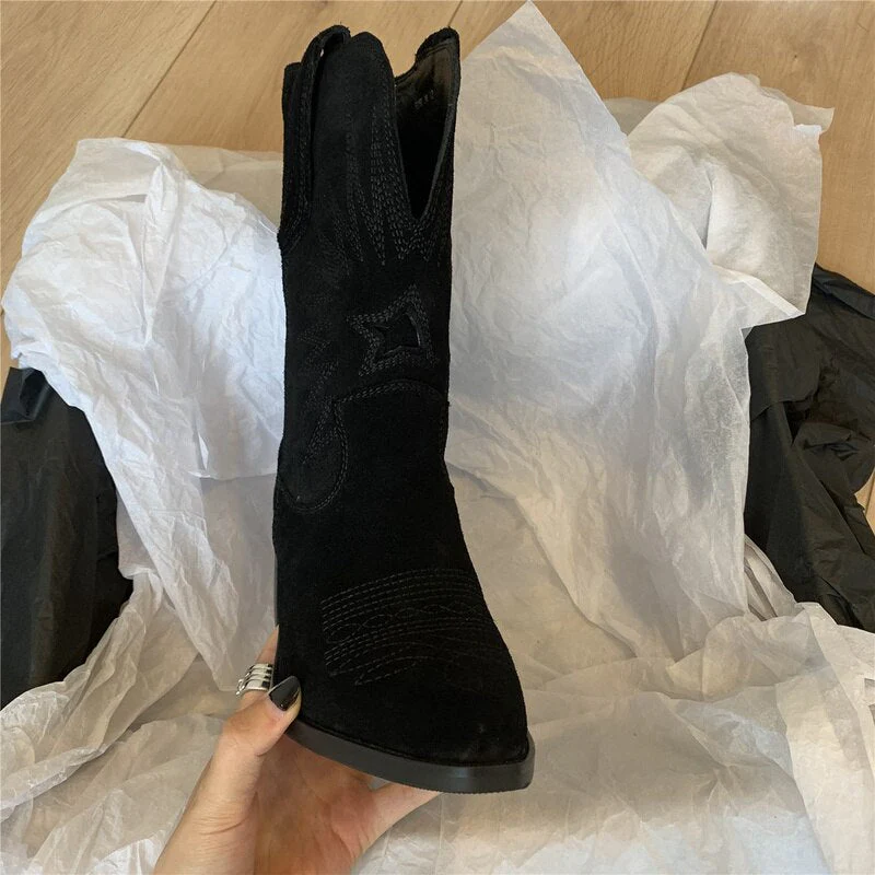 Natural Embroidered Women Boots Leather Handmade Pointed Toe Spike Heel Autumn Winter Boots Cowboy New Western Retro Botas - Deanwangkt
