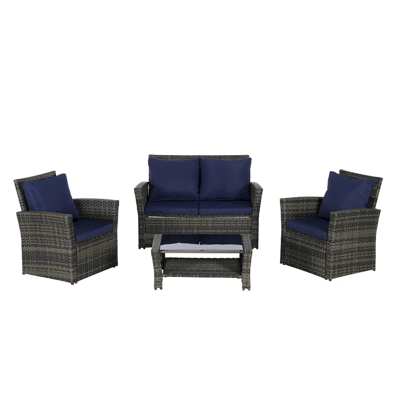 4-Piece Rattan Conversation Sofa Set with Glass Table