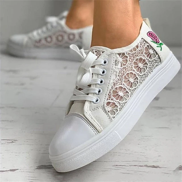 Women's Sneakers Canvas Shoes White Shoes Outdoor Daily Summer Flower Flat Heel Round Toe Casual Minimalism Walking Shoes Mesh Lace-up Embroidered White - Deanwangkt