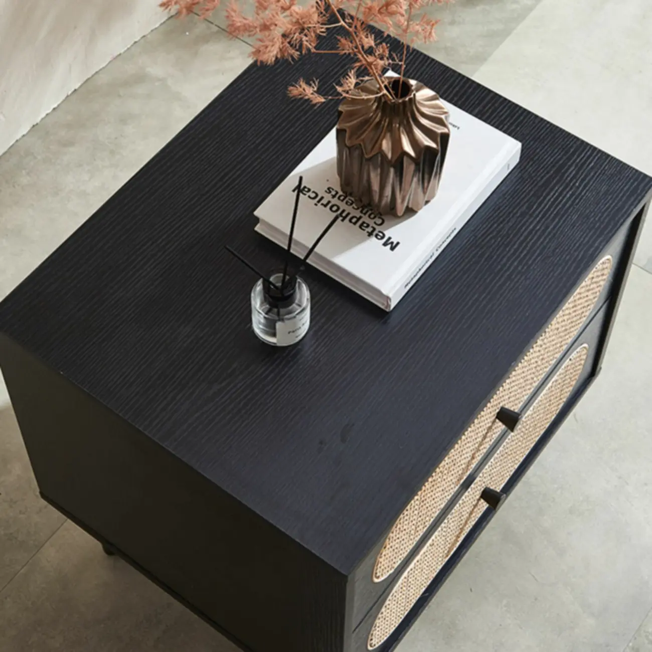 Modern Rattan Espresso Wood 2-Drawer Nightstand