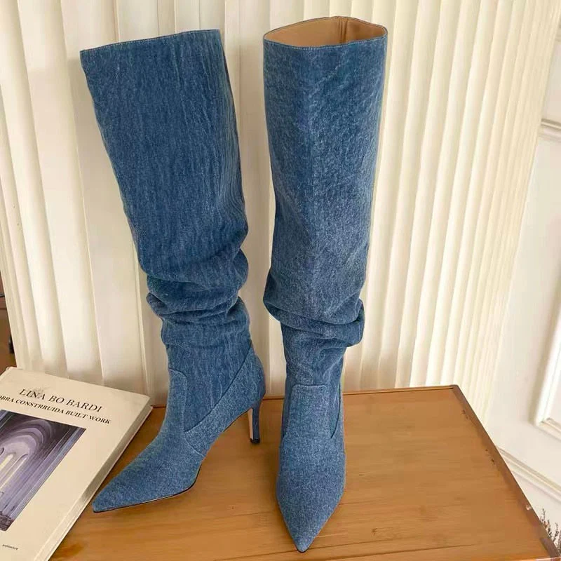 Pleated High Heels Denim Boots for Women  Autumn Jeans Knee High Cowboy Boots Woman Blue Thin Heeled Long Botas Feminina - Deanwangkt