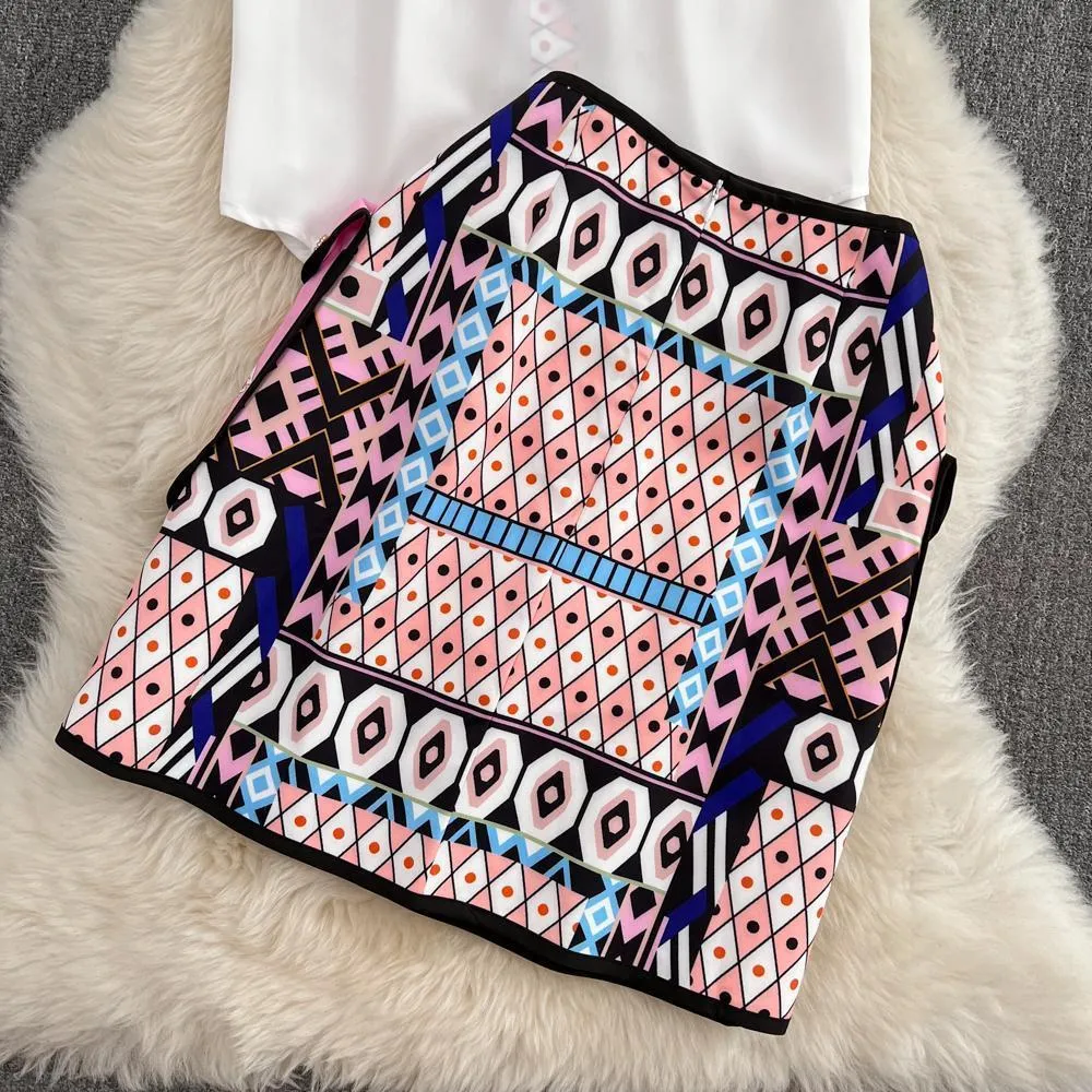 Two Piece Dress Summer Fashion Runway Skirt Suit Women's Short Sleeve Horse Geometry Print Blouse A Line Pocket Mini Skirt 2 Two Piece Set 230829 - Deanwangkt