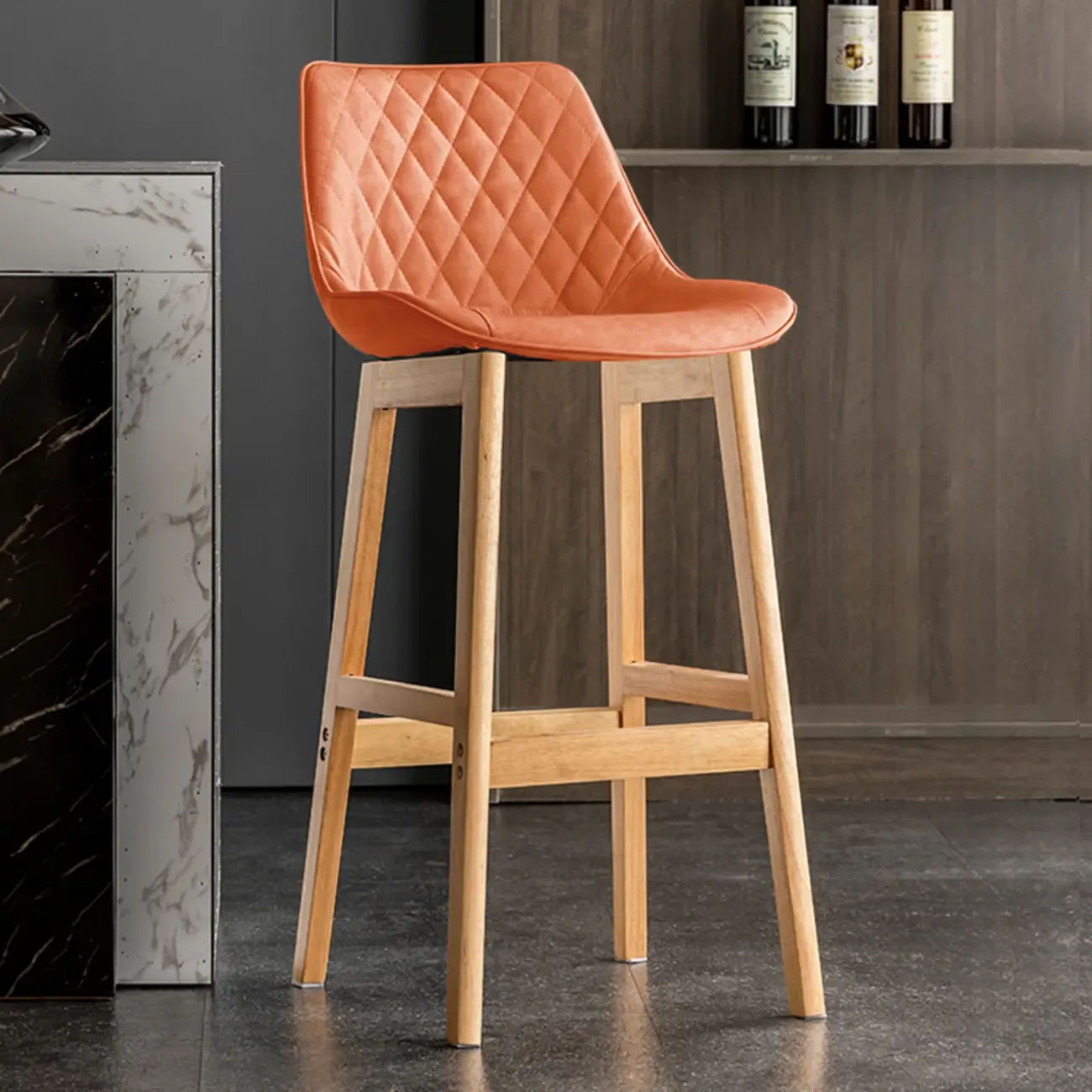 Mid-Century Modern Faux Leather Bar Stools with Wood Legs