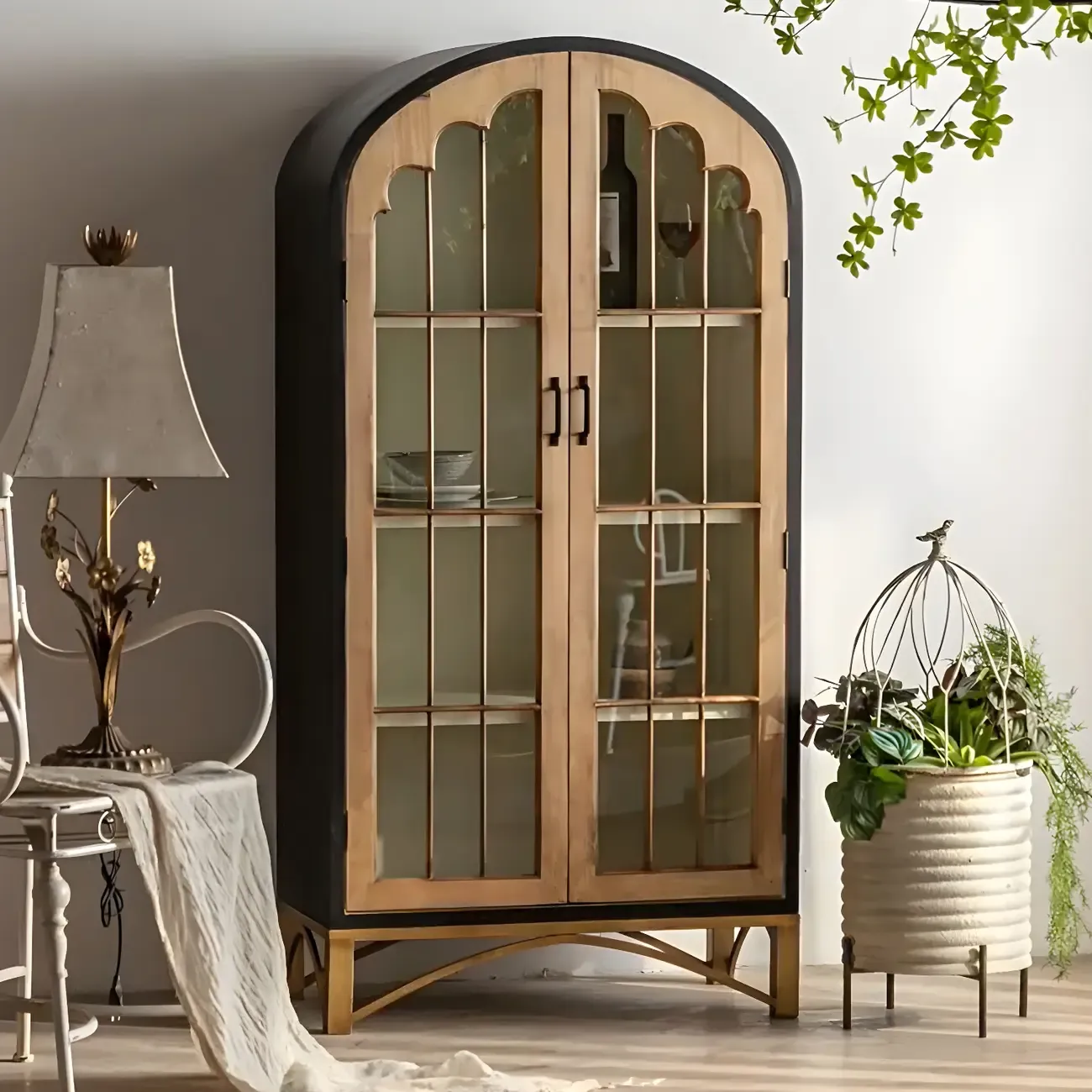 Modern Arched Light Wood Glass Door Display Cabinet