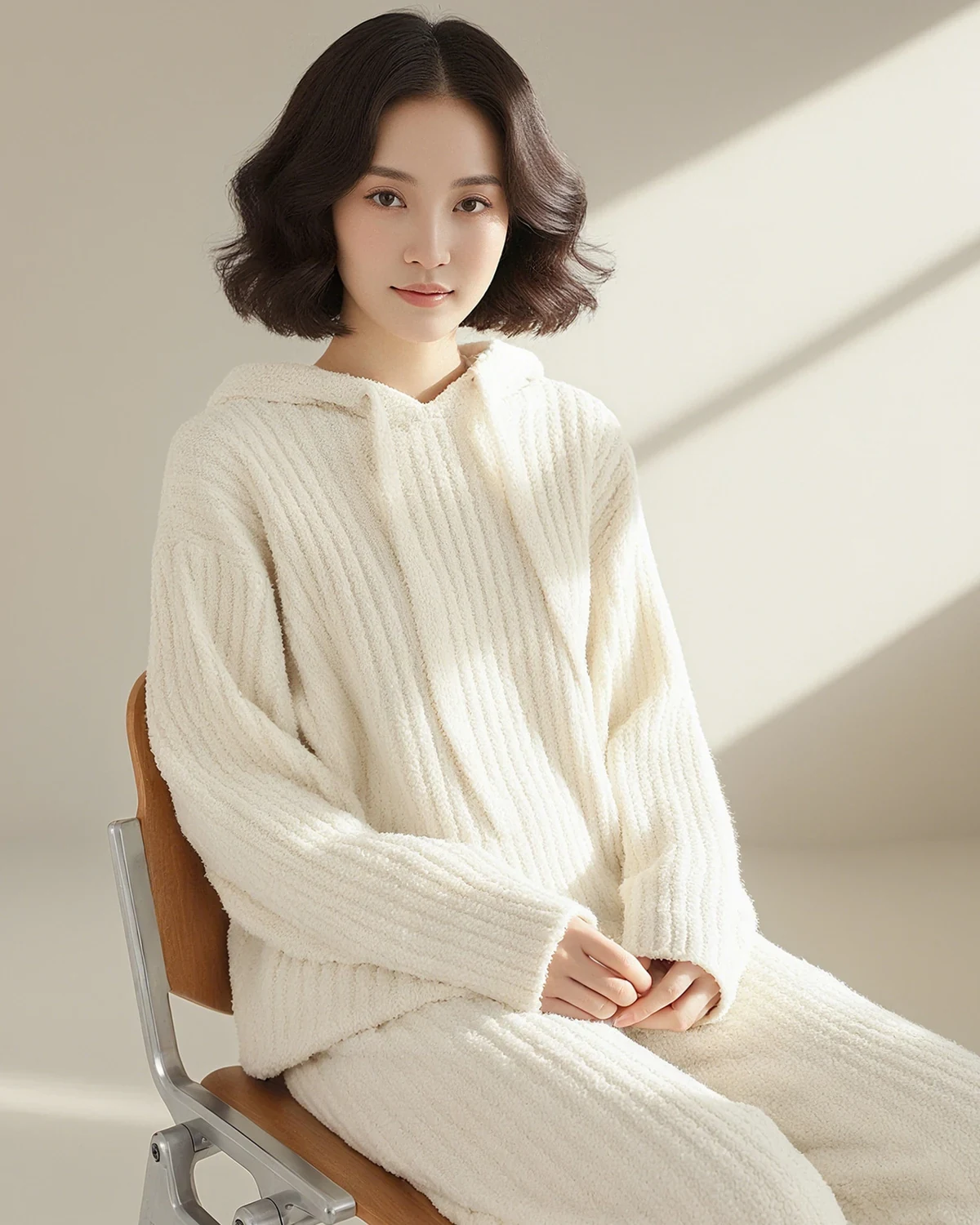 Lazy Vertical Stripe Soft Half-Fleece Loungewear Set, Hooded Loose Thick Warm Pajama Pants, suitable for layering or wearing on its own