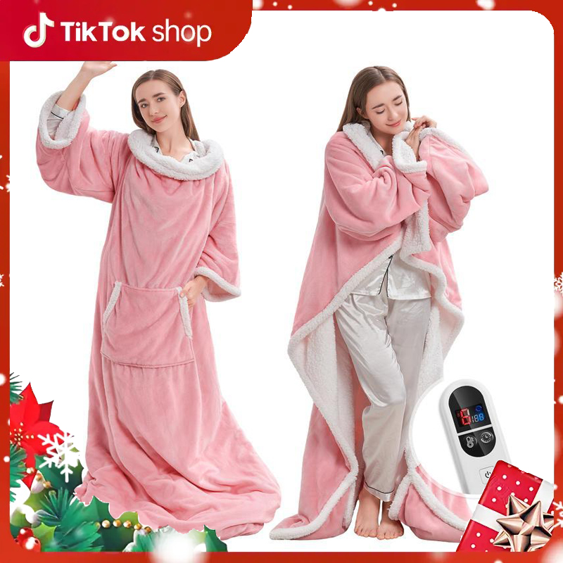 TEHANLD Wearable Heated Blanket with Foot Pocket, Electric Wearable Throw Blanket with Sleeves, Portable Heated Blanket with 6 Heat Settings, 1-12 Hours Auto Shut-off, Gift for Family, Friends, 52*72