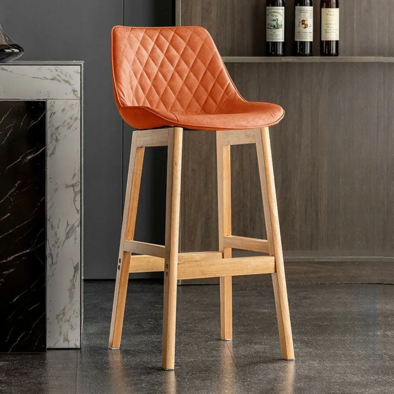 Modern Wood Tufted Upholstered Leather Bar Stool