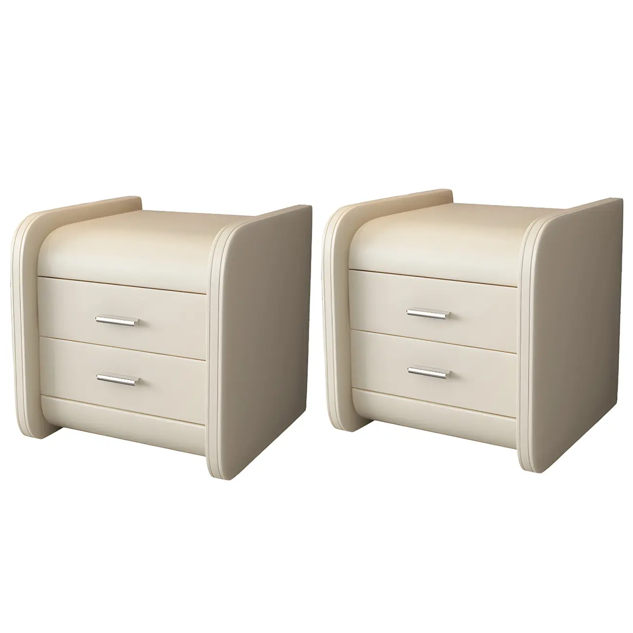 Modern Round Edge Nightstand with 2 Drawers in Beige Leather