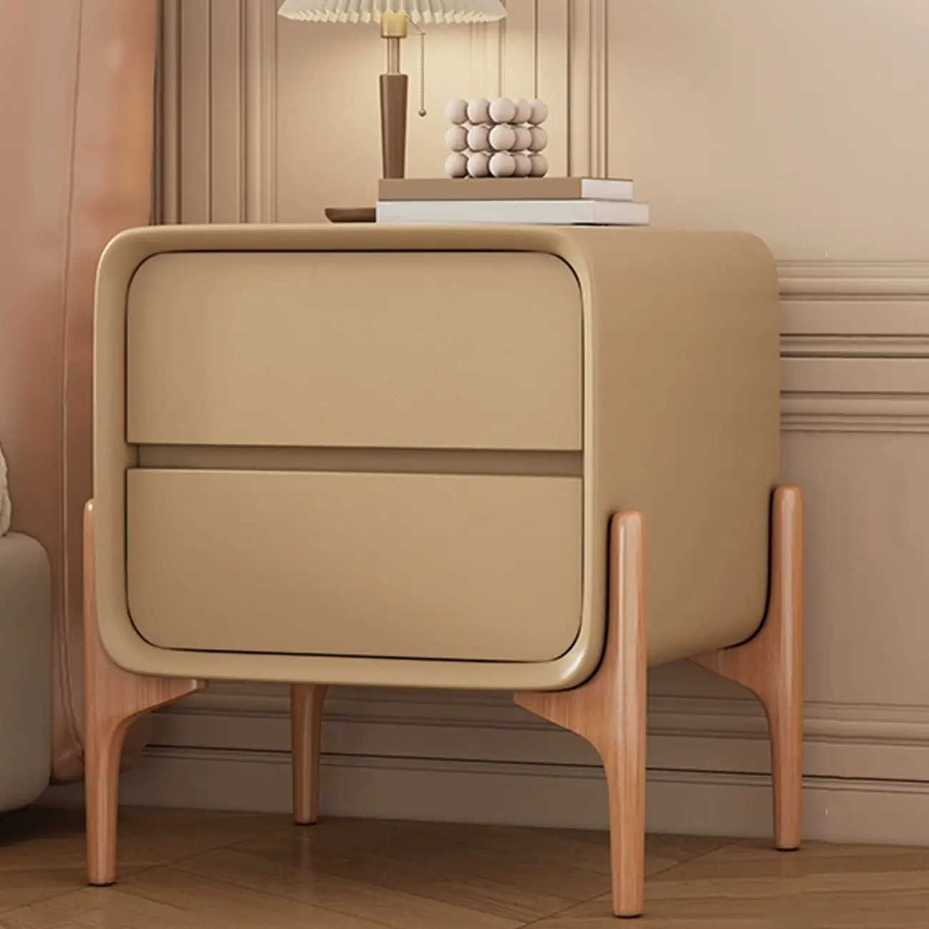 Simple Curved Wooden Faux Leather 2 Drawer Nightstand