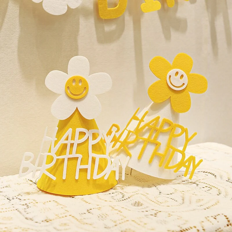 HULIANFU ins Kids Yellow Flower Birthday Hat Little Daisy Party Hat Baby Shower Headwear White Happy Birthday Smile Headband - Deanwangkt