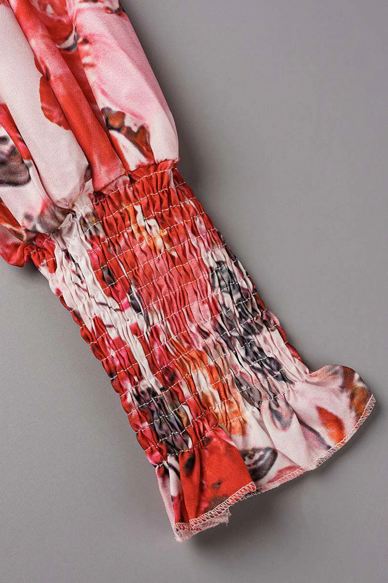 hulianfu Sweet Elegant Print Patchwork V Neck Waist Skirt Dresses(4 Colors) - Deanwangkt