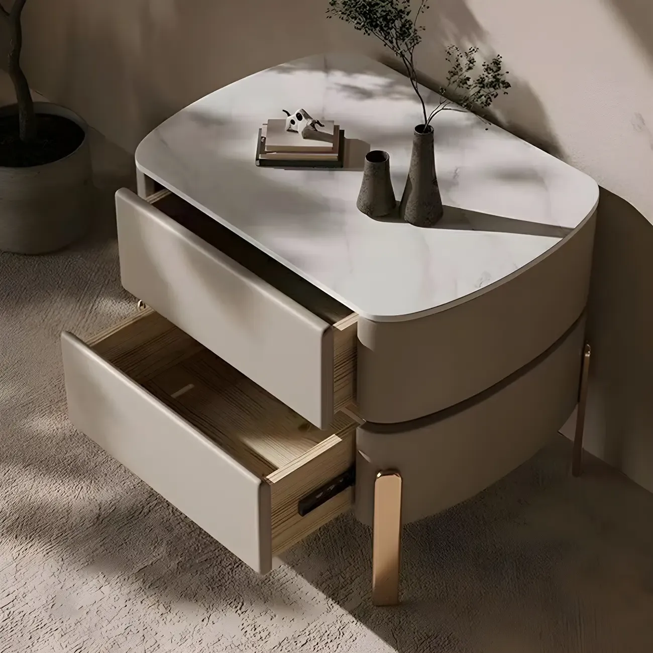 Glam Beige Leather Stone Top 2-Drawer Nightstand