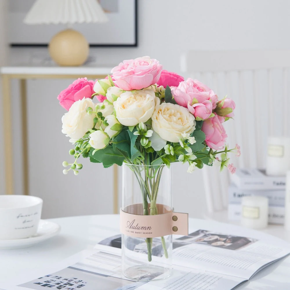 HULIANFU White Roses Artificial Flowers Silk Peonies Wedding Decorative Vases for Home Decor Bride Bouquet Foam Craft Gifts Fake Plants - Deanwangkt