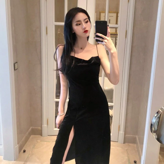 Hulianfu New Vintage Women Dress Spaghetti Strap Slit Velvet Black Dress Sexy Bodycon Bandage Dress Midi Party Dress Verano Vestidos - Deanwangkt