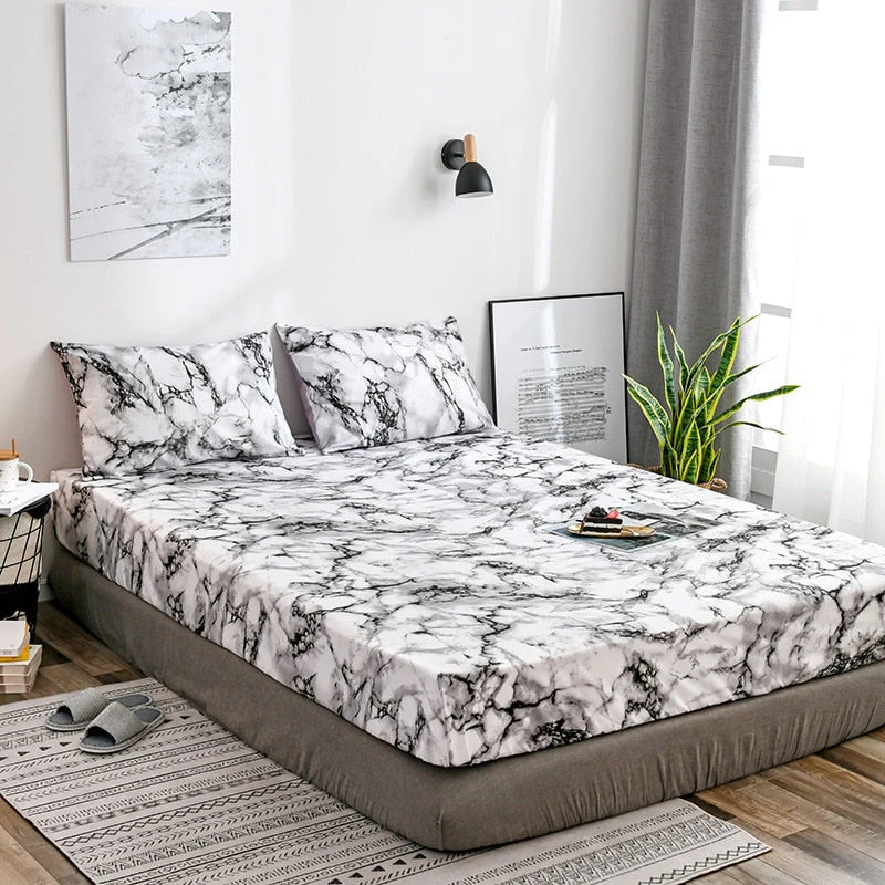 HULIANFU Nordic Mirco Fiber Marble Print Fitted Bed Sheet Single Elastic Band Double Bed Linen Home Soft Comfortable King Size Bedsheet - Deanwangkt
