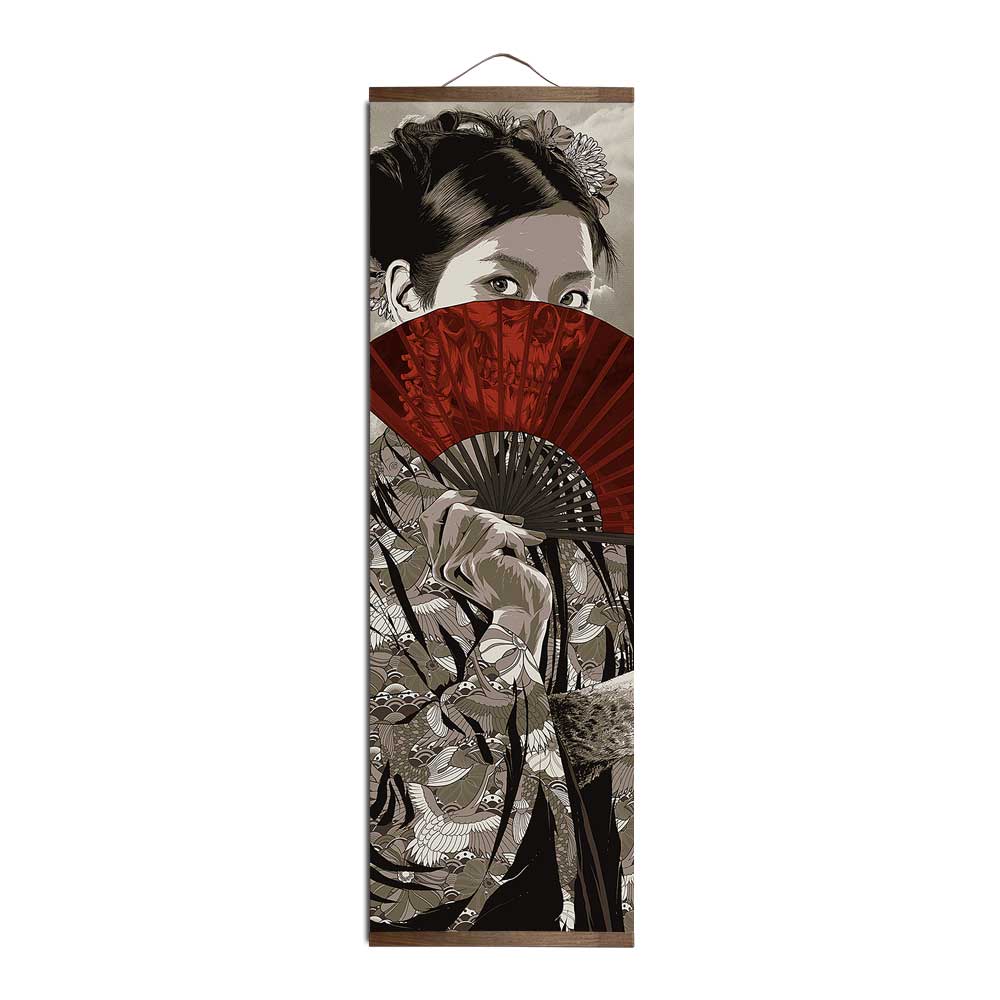 HULIANFU Japanese Samurai Ukiyoe Tiger Canvas Poster Pictures for Living Room Home Decor Painting Wall Art with Solid Wood Hanging Scroll - Deanwangkt