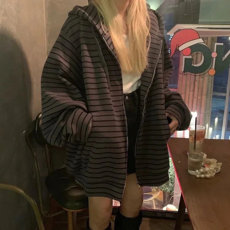 Hulianfu Harajuku Vintage Striped Zip Up Hoodies Women Autumn Spring Long Sleeve Oversized Sweatshirt Korean Grunge Emo Alt Streetwear - Deanwangkt
