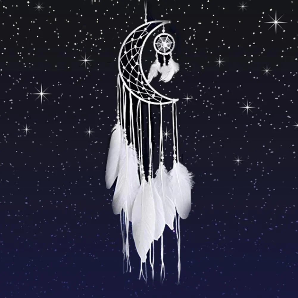 HULIANFU New Indian Style Dreamcatcher Moon Handmade Wind Chimes Wall Ornament Girls Room Decoration Feather Dream Catcher - Deanwangkt