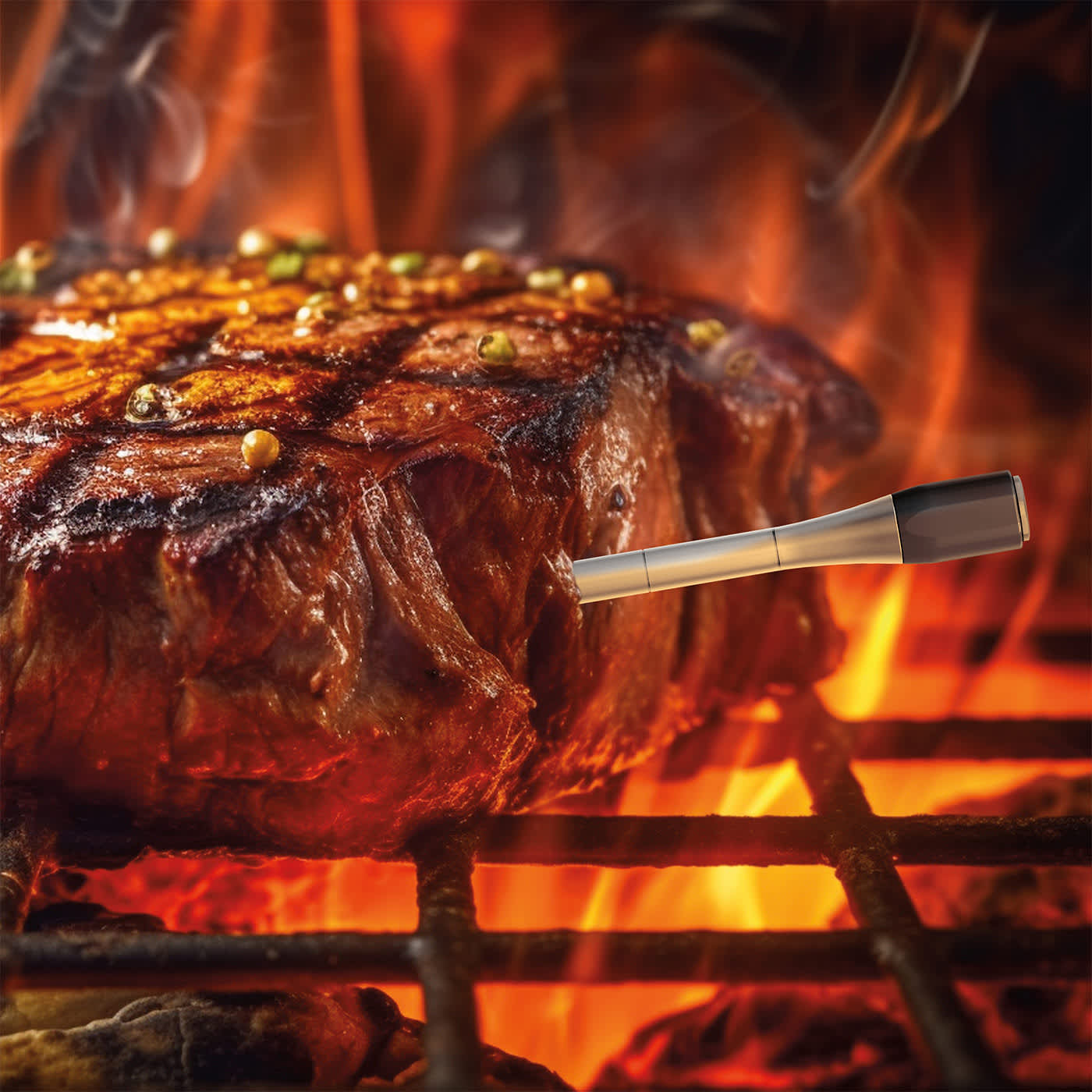 Steak auf Grill, Ninja ProChef Thermometer misst Kerntemperatur im Fleisch. Steak auf Grill, Ninja ProChef Thermometer misst Kerntemperatur im Fleisch.