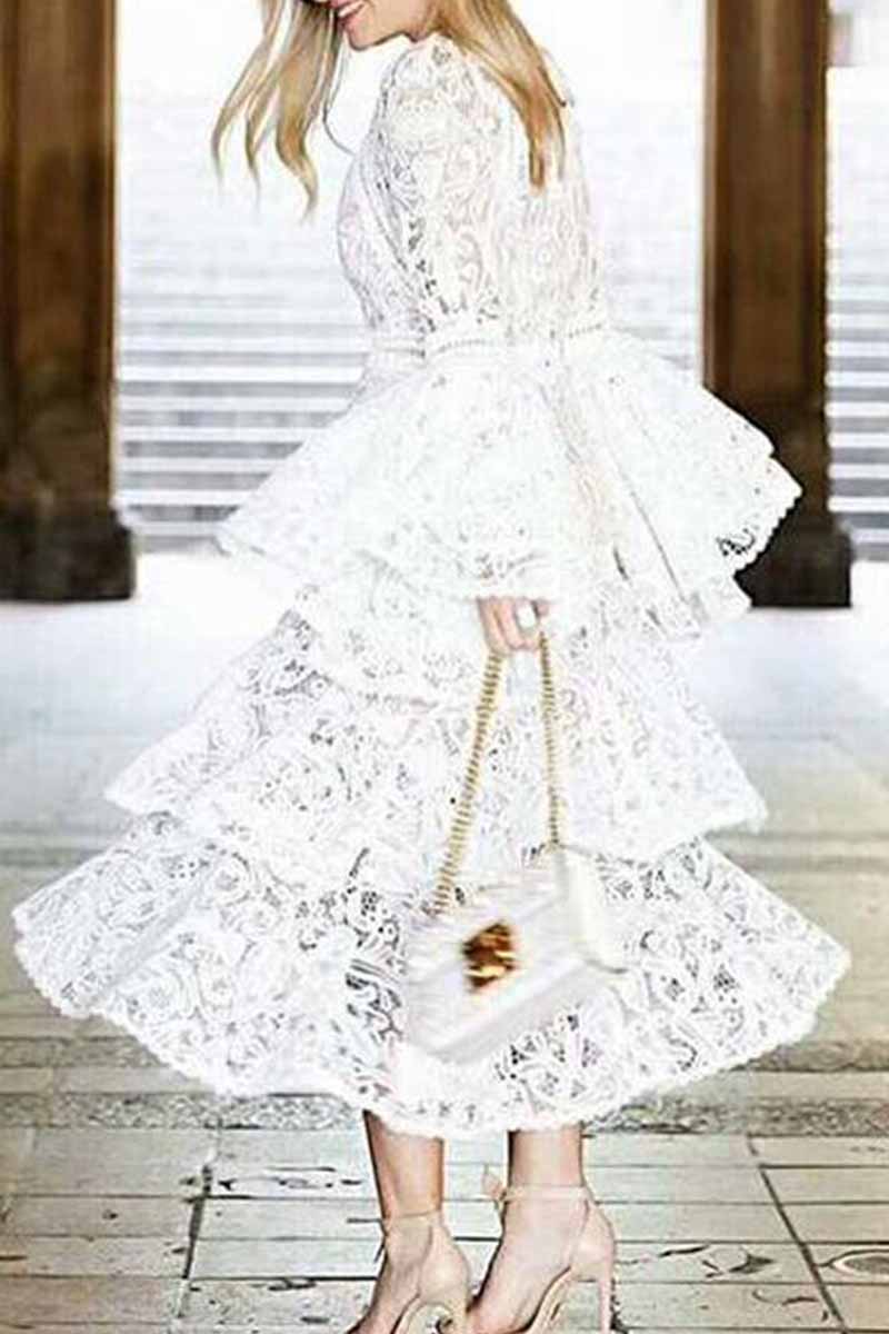 hulianfu Elegant Solid Hollowed Out Patchwork O Neck Princess Dresses - Deanwangkt