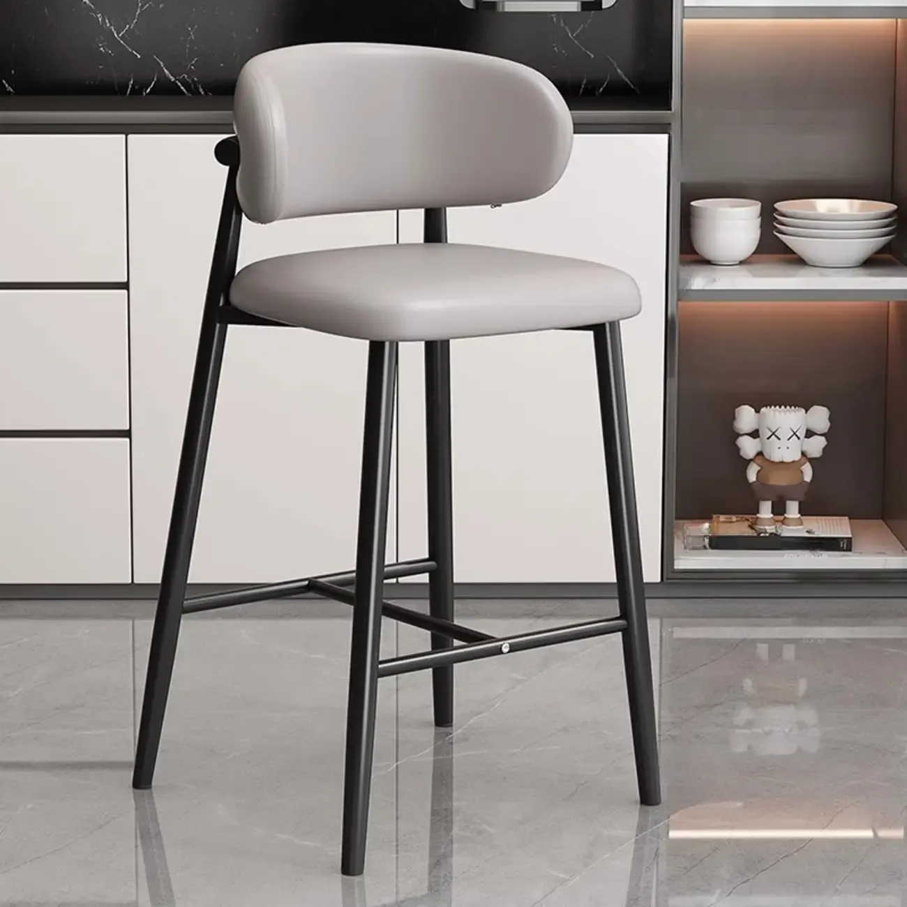 Modern Off-White Leather Curved Back Counter Bar Stools