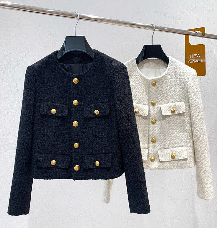 Hulianfu Small Fragrance Women Black Tweed Outerwear Autumn Winter Golden Button Blends Wool Female Long Sleeve Jacket Coat - Deanwangkt