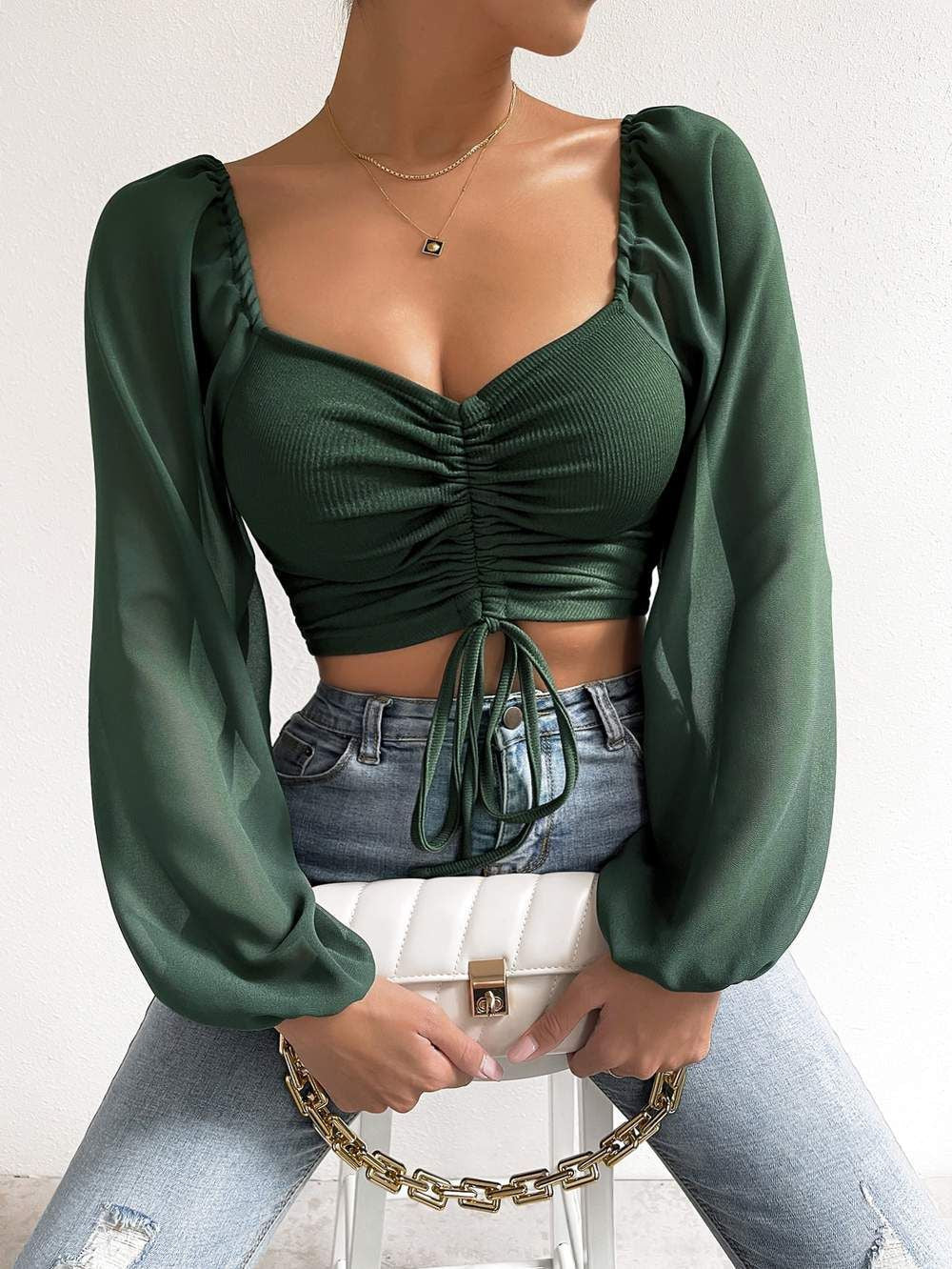 Hulianfu Fashion Sexy Low-cut Long Sleeve Crop Tops Women 2026  Summer Autumn Slim Solid Top Femme And Blouses Chiffon Shirt - Deanwangkt