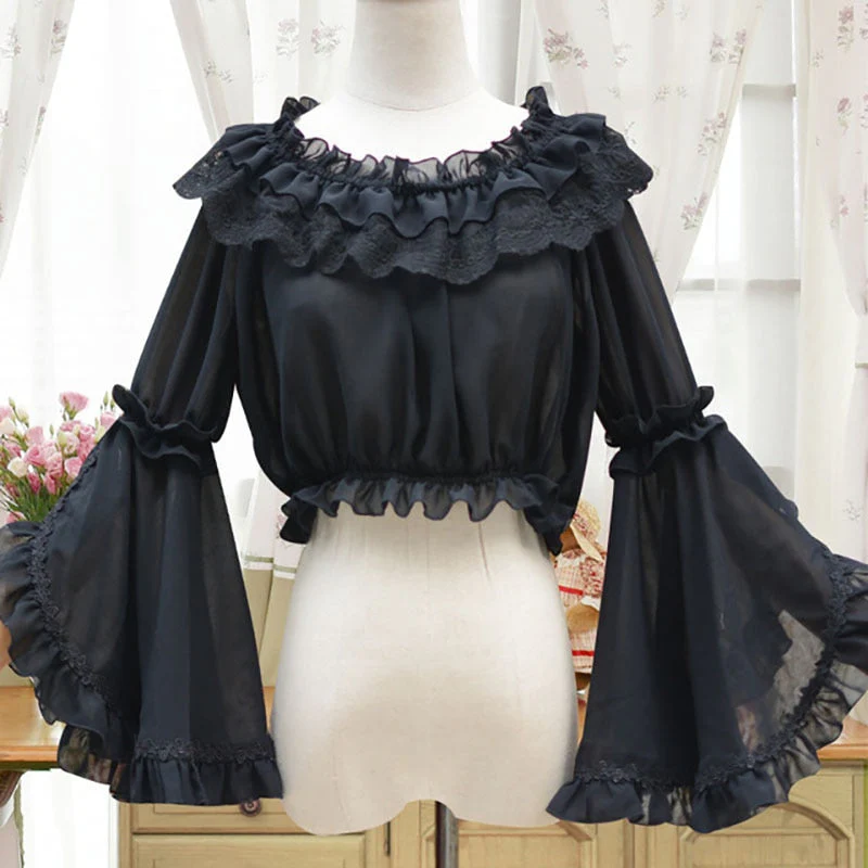 Ladies Sweet Lolita Lace Blouse Neverland Chiffon Loose Layered Crop Tops Victoria Costume Long Bell Sleeves For Women Oversize - Deanwangkt