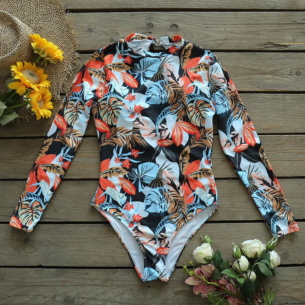 Long Sleeve Print Floral New One Piece Swimsuit Swimwear Women Bathing Suit Backless Swimsuit Vintage Surfing Swim Suit - Deanwangkt