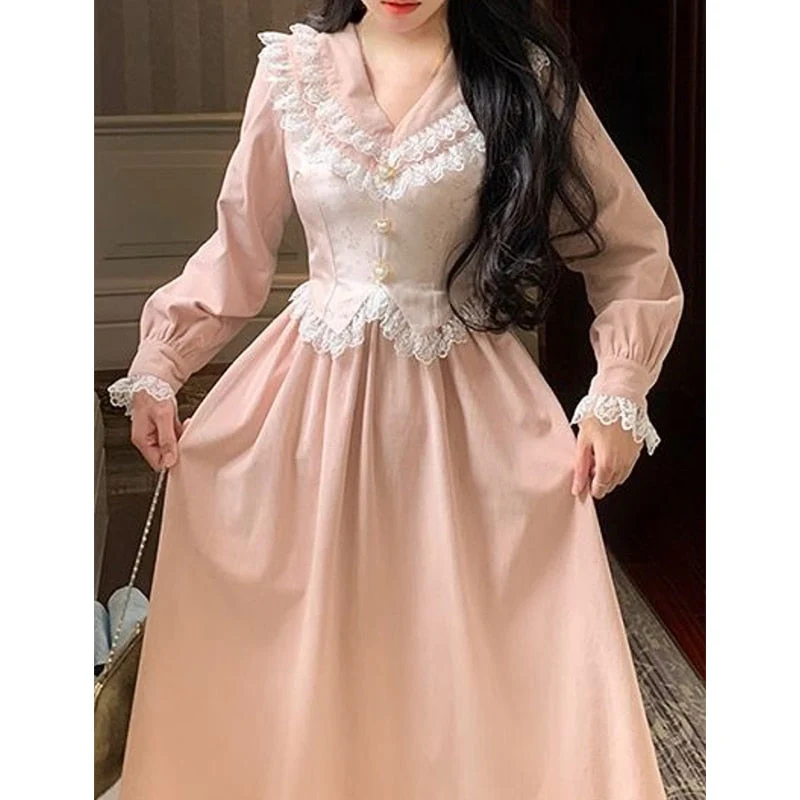 Hulianfu Corduroy Dress for Women 2026  New Fashion Fairycore Splicing Midi Dress Elegant Lantern Sleeve V Neck Y2k Vintage Dress - Deanwangkt