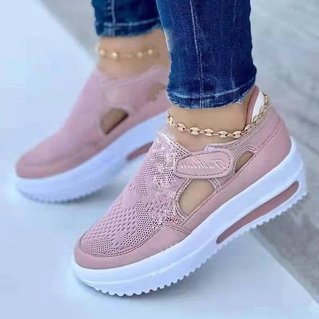 Women's Slip-Ons Pink Shoes Plus Size Platform Sneakers Outdoor Daily Summer Platform Round Toe Sporty Casual Walking Shoes Polyester Synthetics Magic Tape Solid Color Black Pink Red - Deanwangkt