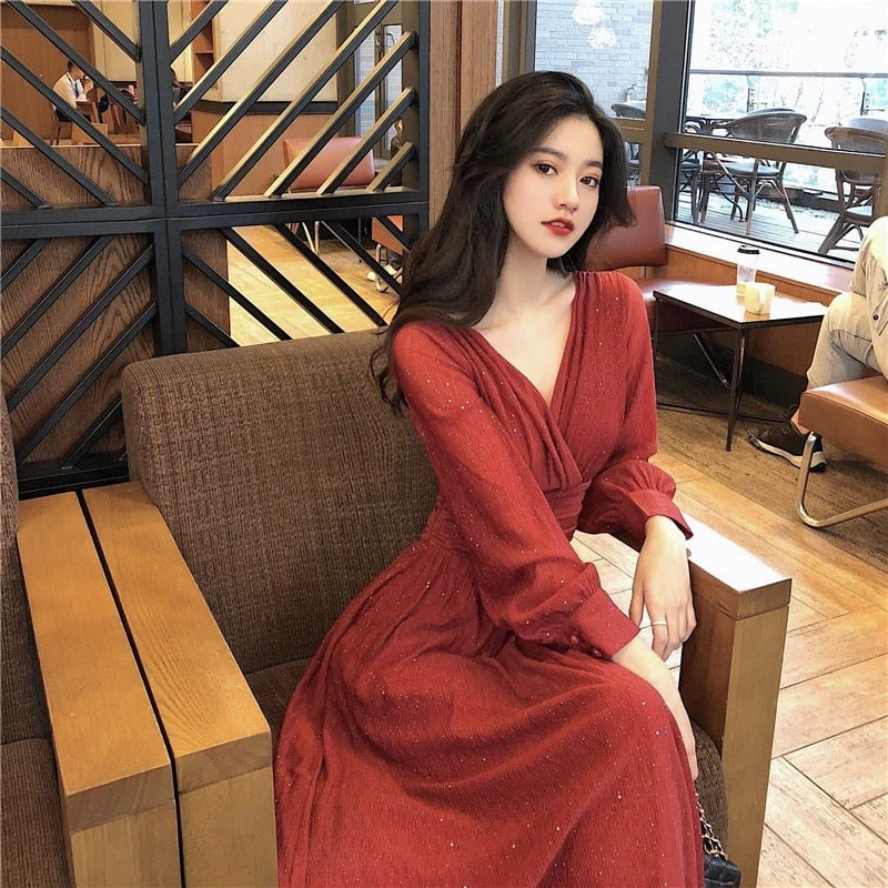 Hulianfu Vintage Sexy Maxi Dresses for Women Party Sequin Midi Dress Female Casual Chiffon Slim Korean Woman Dress Elegant Autumn - Deanwangkt
