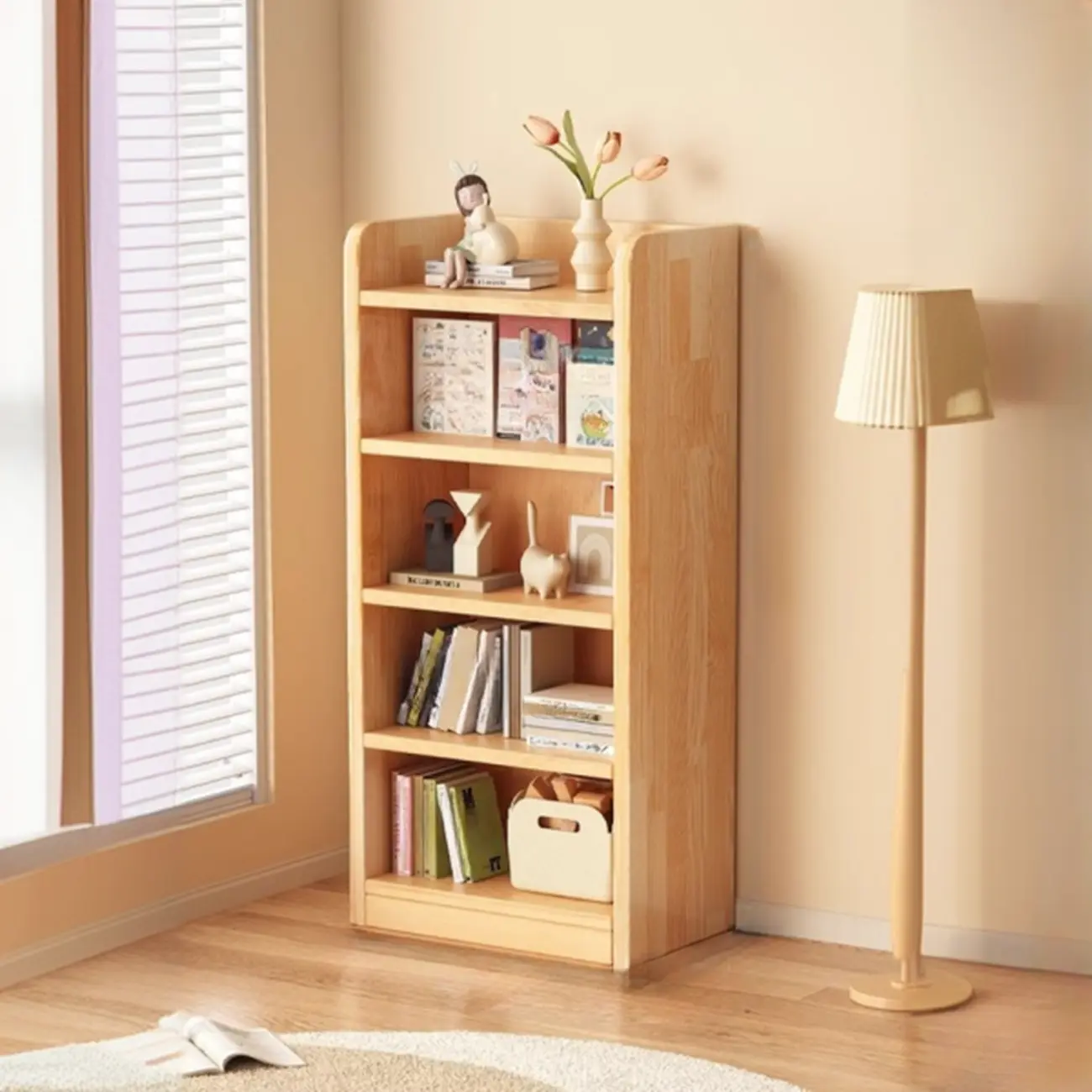 Narrow Vertical Modern Wooden Bookcase in Natural Finish