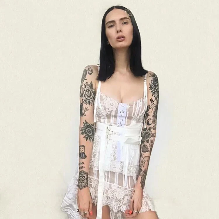 Lace High-low Sexy Summer Dress White Straps Belt Tied Women Dress D-ring Holiday Chic Ladies Party Dresses - Deanwangkt