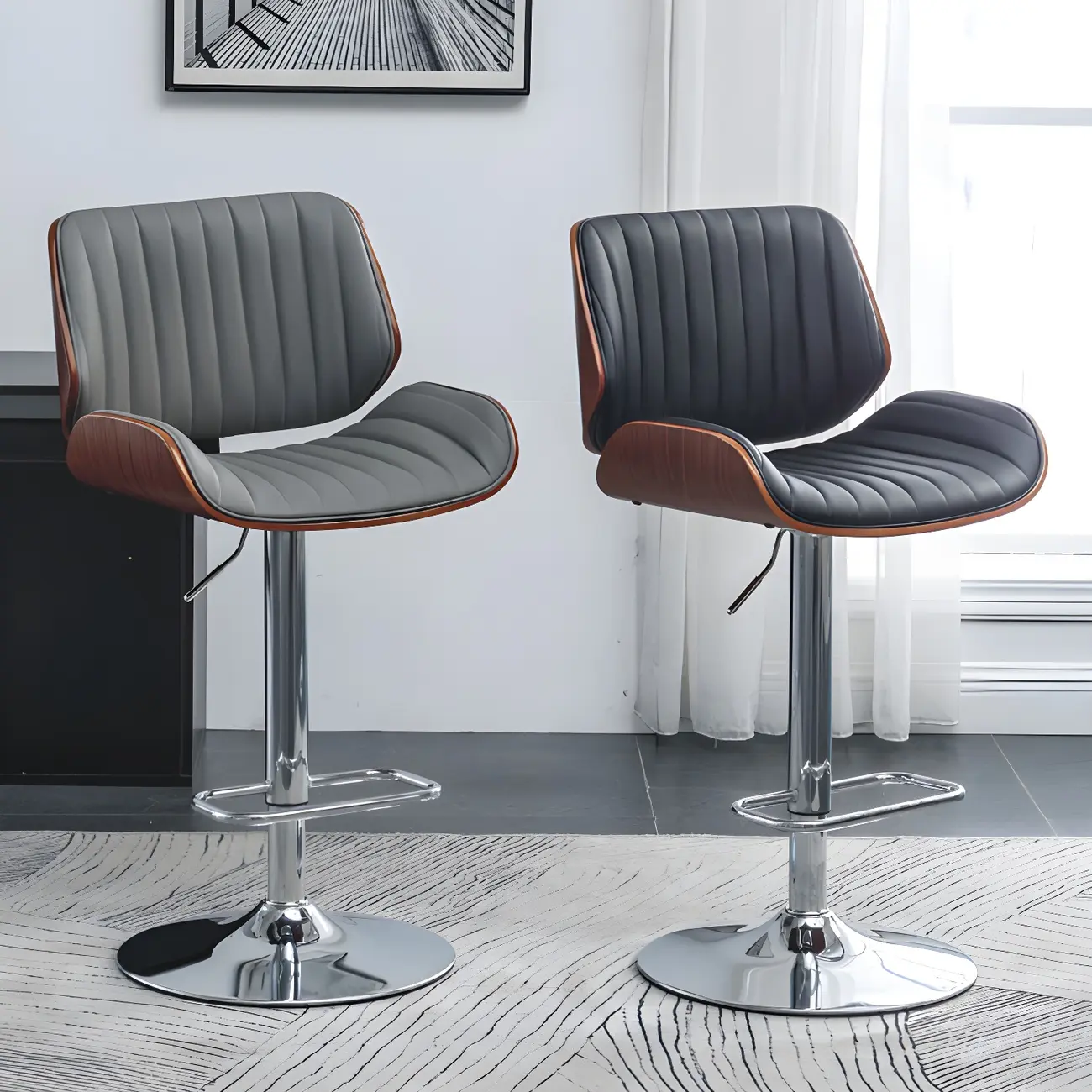 Elegant Wood Leather Red Swivel Adjustable Bar Stool