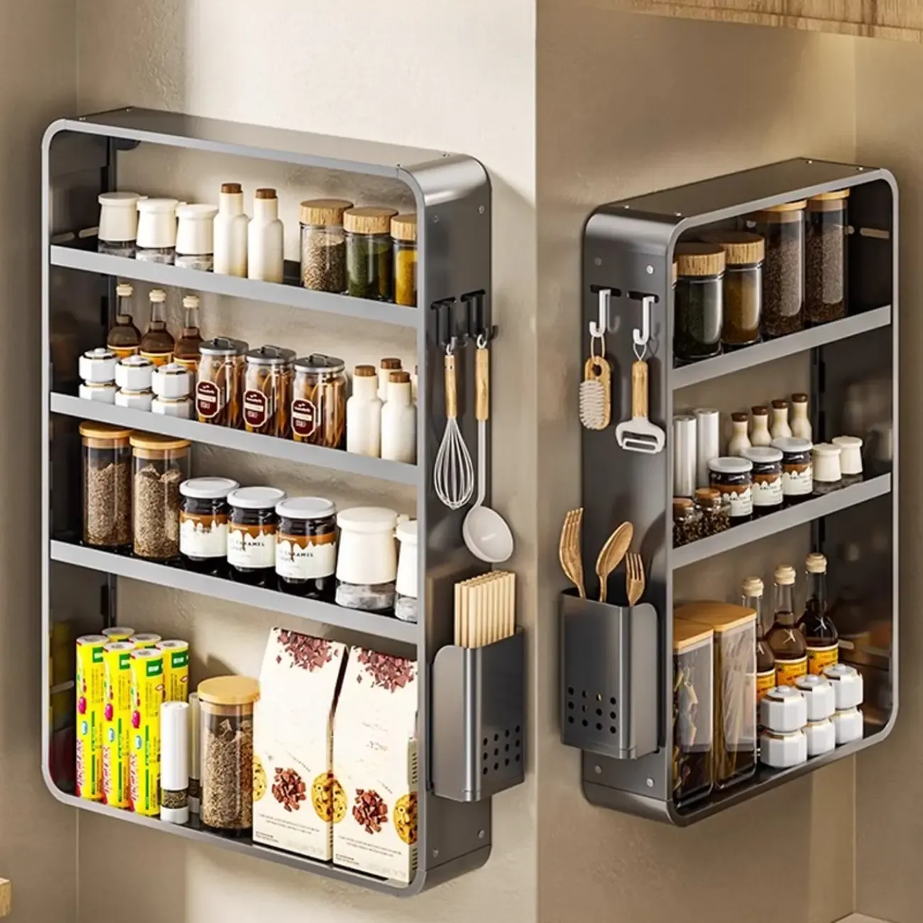 Adjustable Metal Wall-Mounted Kitchen Storage Racks with Hooks