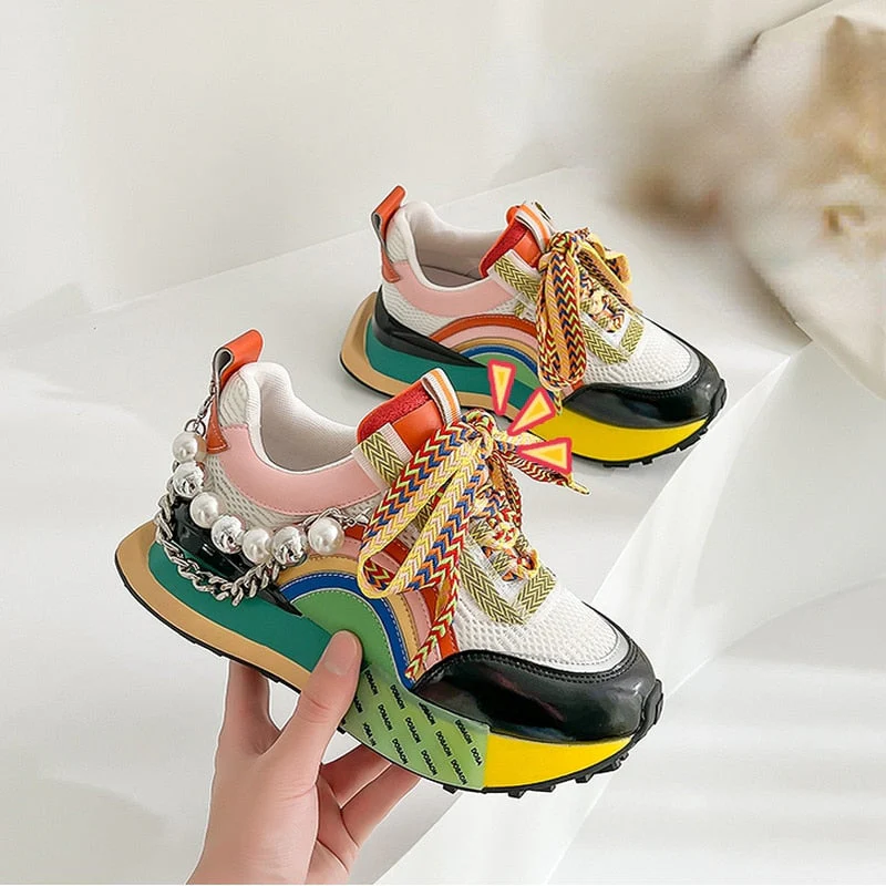 hulianfu New Lace Up Iridescent Pearl Chain Decorative Women's Vulcanized Shoes Women's Platform Sneakers  Zapatos De Mujer  Women Shoes - Deanwangkt