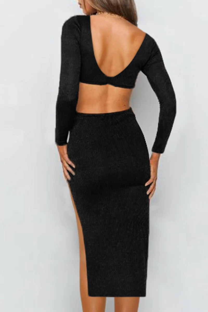 hulianfu Elegant Solid Hollowed Out Backless Slit V Neck Pencil Skirt Dresses - Deanwangkt