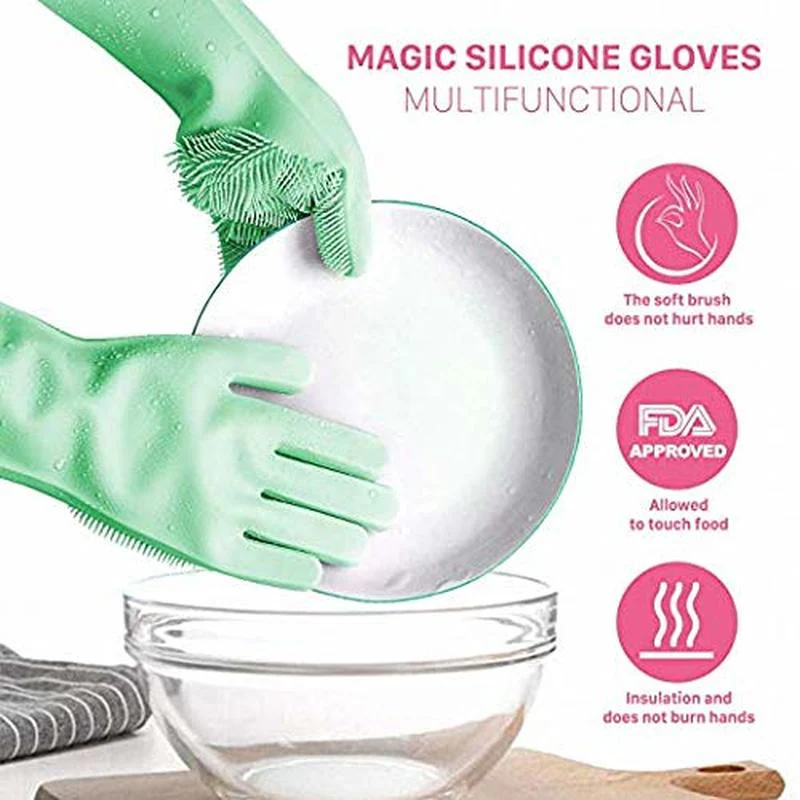 HULIANFU Silicone Dishwashing Cleaning Glove Magic Scrubber Sponge Rubber Glove for Washing Dish Kitchen Car Bathroom Pet Brush Cleaner - Deanwangkt