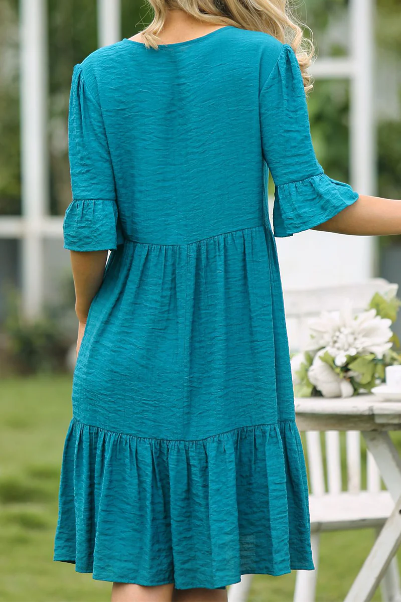 hulianfu Elegant Solid Buckle Flounce V Neck Dresses - Deanwangkt