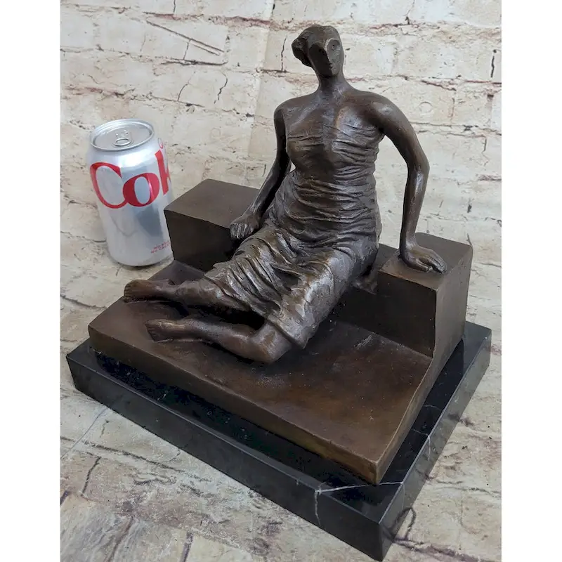 Woman On Bench By Henry Moore Abstract Modern Art Bronze Statue Sculpture Marble Base 9 Inches X 8 Inches