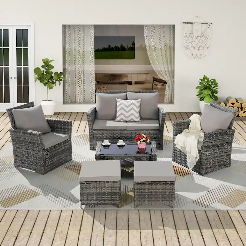 6 Piece Wicker Patio Furniture Sets with Tempered Glass Coffee Table & Ottoman