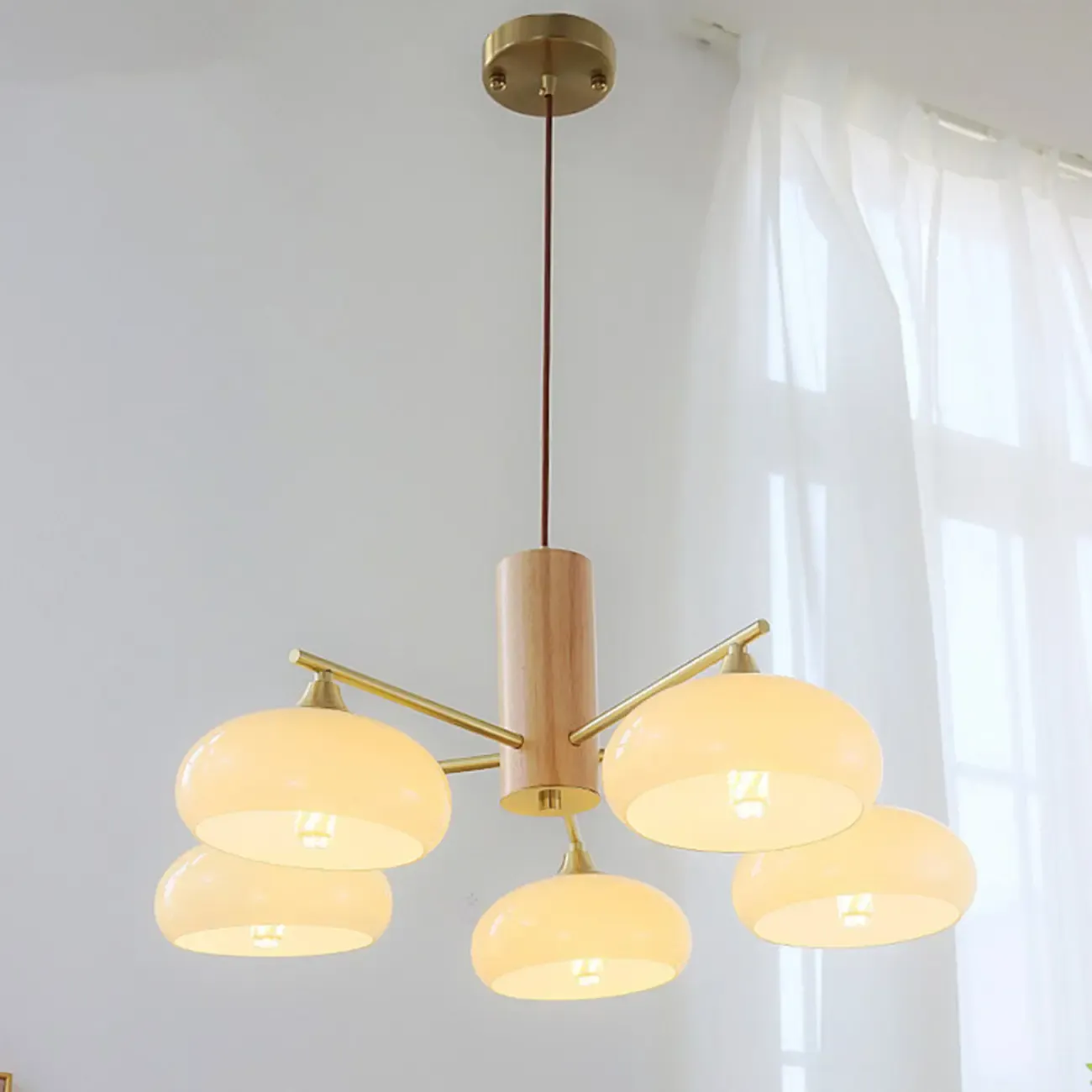 Contemporary Wood Milky Yellow Glass Chandelier