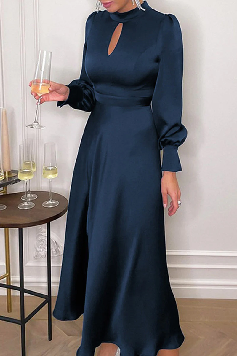 hulianfu Elegant Solid Hollowed Out Turtleneck A Line Dresses - Deanwangkt