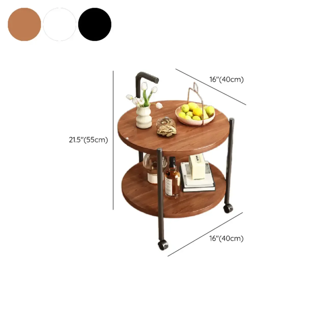 Modern 2-Tier Wood Round Coffee Table with Wheels, Tray