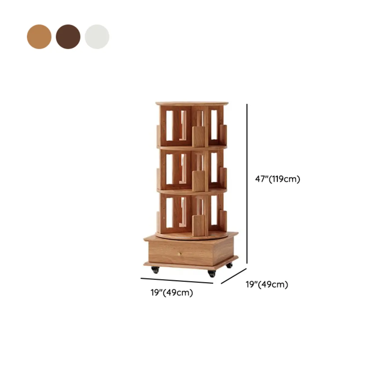 Cylindrical Movable 360° Rotating Wooden Bookshelf with Drawer
